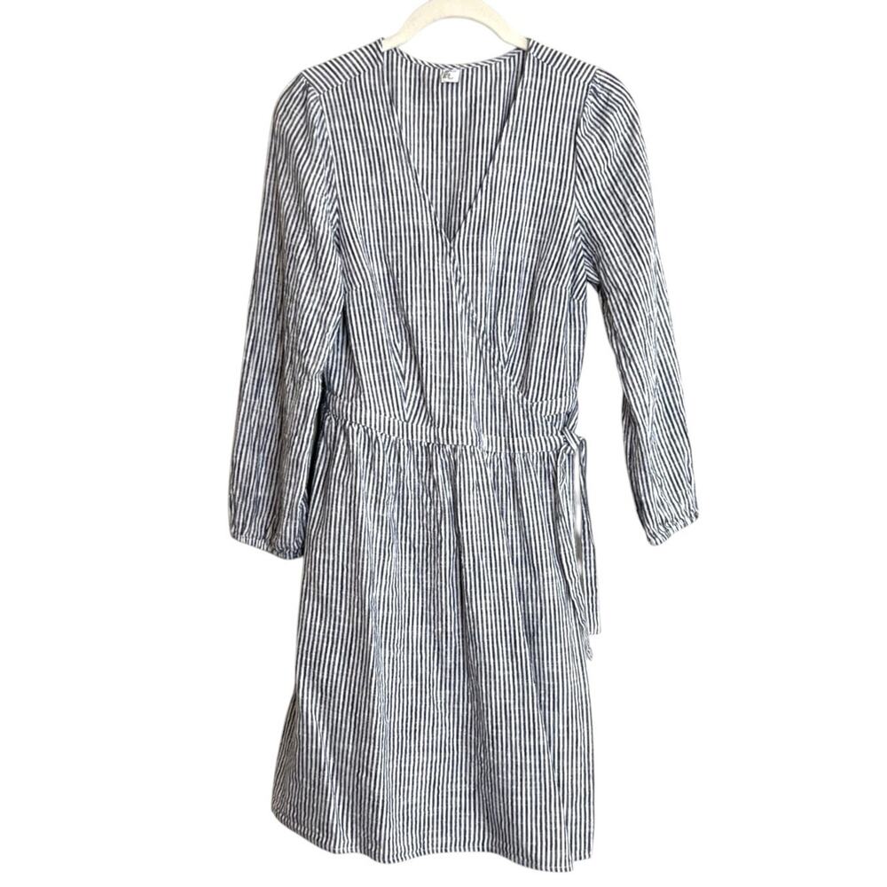 Old Navy Pinstripe Wrap Dress Small Gray White Cotton Belted Long Sleeve